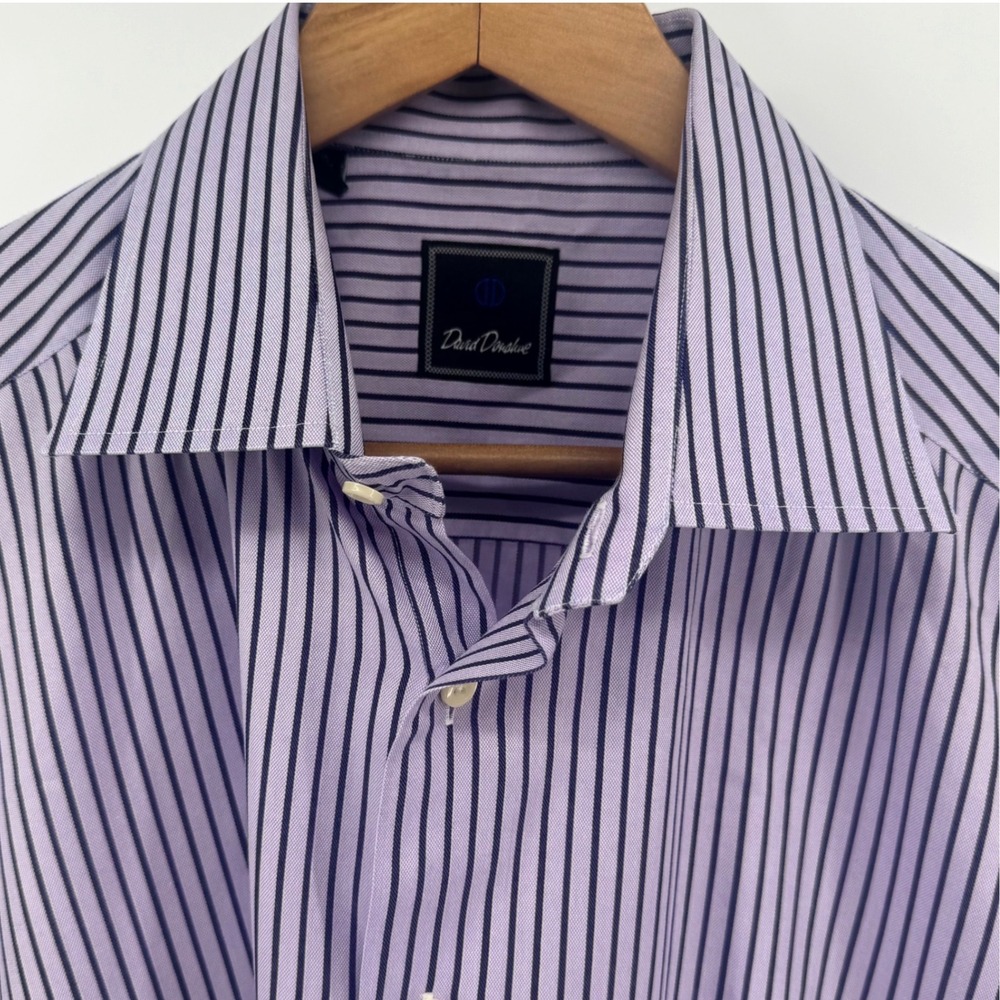 David Donahue Mens Purple Navy Blue Striped Dress Shirt 17.5 34/35 Cotton
